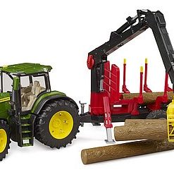JOHN DEERE 7R TRACTOR CON REMOLQUE AUTOCARGADOR + 4 TRONCOS BRUDER 03154