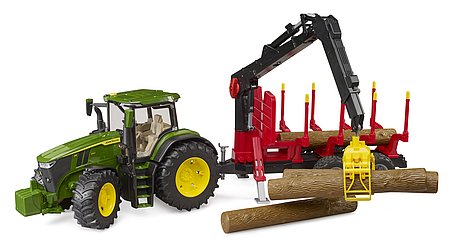 JOHN DEERE 7R TRACTOR CON REMOLQUE AUTOCARGADOR + 4 TRONCOS BRUDER 03154
