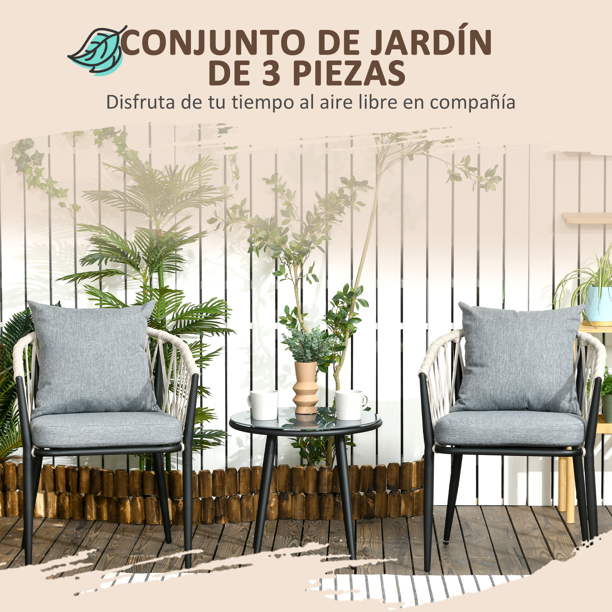 Outsunny Conjunto de Muebles de Jardín 3 Piezas Juego de Muebles de Terraza Incluye Mesa con Encimera de Vidrio Templado y 2 Sillones con Cojines Reposabrazos de Cuerda Polipropileno Gris - Imagen 4