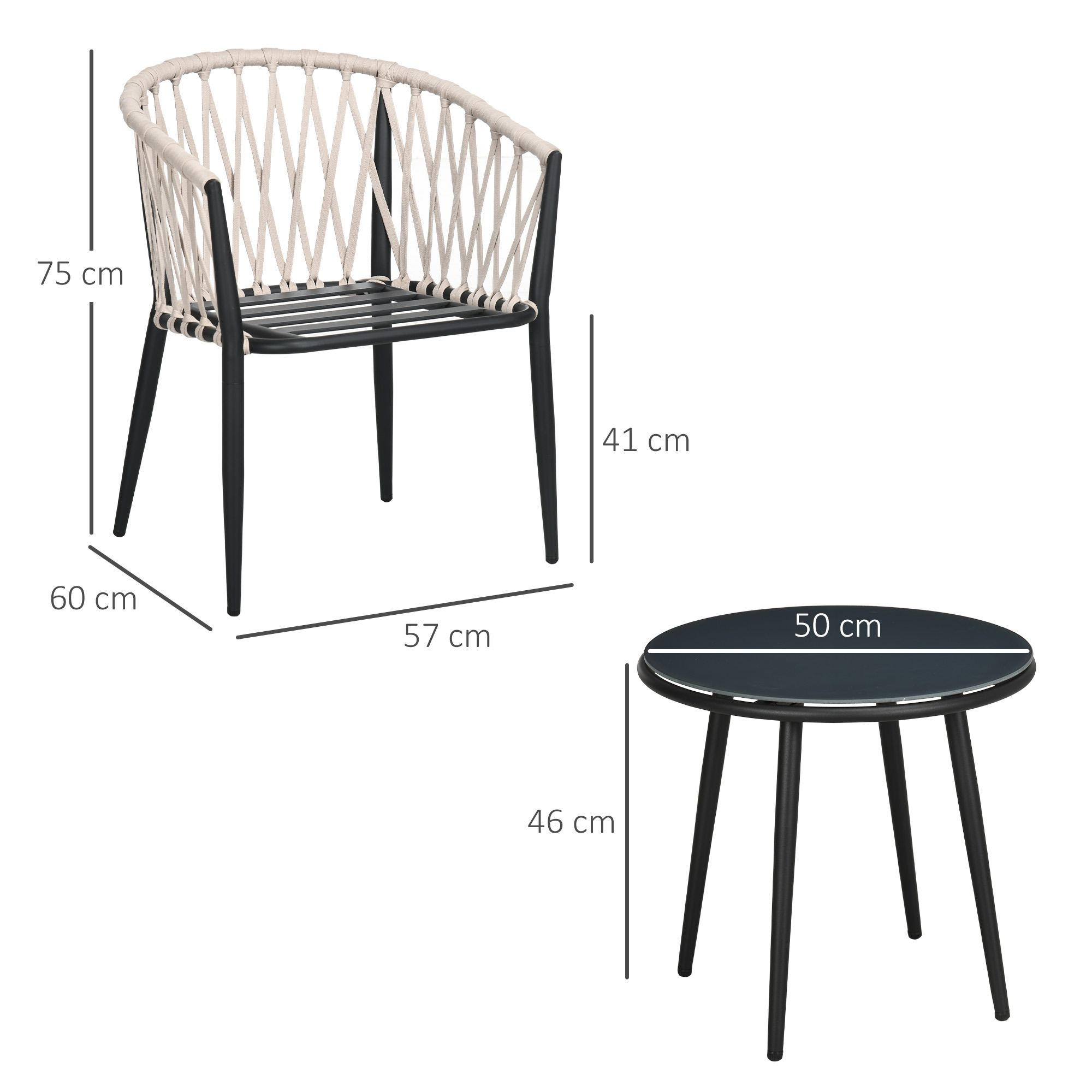 Outsunny Conjunto de Muebles de Jardín 3 Piezas Juego de Muebles de Terraza Incluye Mesa con Encimera de Vidrio Templado y 2 Sillones con Cojines Reposabrazos de Cuerda Polipropileno Gris - Imagen 3