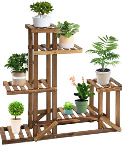 Outsunny Soporte de Madera para Flores Estantería Decorativa para Macetas Plantas con 6 Estantes Interior y Exterior para Jardín Balcón Terraza 95x28x96,5 cm Carbonizado