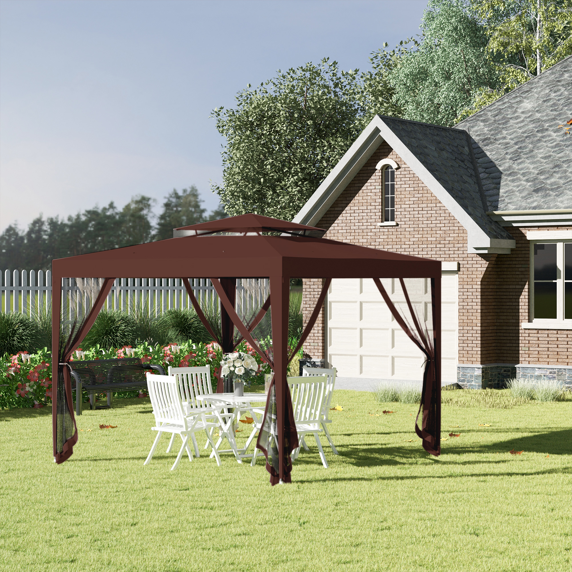Outsunny Carpa de Jardín 3×3 m Cenador Desmontable de Exterior Gazebo con 4 Mosquiteras Laterales Techo Doble y Marco Metálico Anti-UV Impermeable Pabellón para Terraza Patio Marrón - Imagen 2