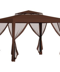 Outsunny Carpa de Jardín 3×3 m Cenador Desmontable de Exterior Gazebo con 4 Mosquiteras Laterales Techo Doble y Marco Metálico Anti-UV Impermeable Pabellón para Terraza Patio Marrón