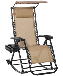 Outsunny Silla Mecedora de Jardín Plegable Tumbona Reclinable con Techo Protección Solar Reposacabezas Extraíble y Reposapiés Estructura de Acero 120x67x102 cm Beige