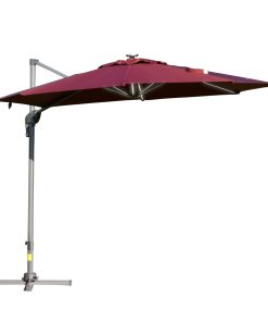 Outsunny Sombrilla de Jardín Ø3 m Sombrilla de Terraza de Aluminio con Luces LED Panel Solar Techo Reclinable Protección UV 50+ Giratorio 360° Manivela Base Cruzada Rojo