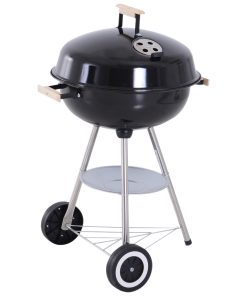Outsunny Barbacoa de Carbón Vegetal con Ruedas Parilla de Carbón BBQ Portátil Tapa y Tazón Esmaltados Mangos de Madera 48x56x85cm para Jardín Exterior Picnic Acampada