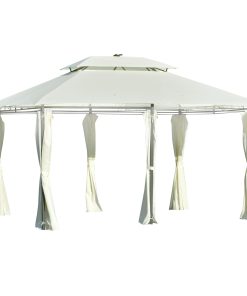 Outsunny Carpa de Jardín con Luces LED Solar 4×3 m Cenador con Doble Techo 6 Cortinas Laterales y Marco de Acero para Patio Terraza Color Crema