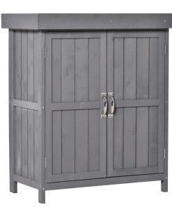 Outsunny Armario de Jardín de Madera 74x43x88 cm Cobertizo Exterior para Almacenamiento de Herramientas Leñas con 2 Puertas y Techo Asfáltico Abatible Gris