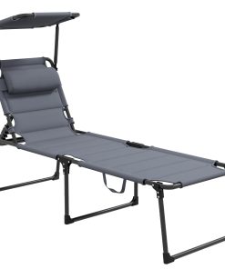 Outsunny Tumbona Plegable Tumbona de Jardín con Toldo Ajustable Respaldo Regulable en 4 Niveles y Reposacabezas para Terraza Piscina 70x200x45 cm Gris