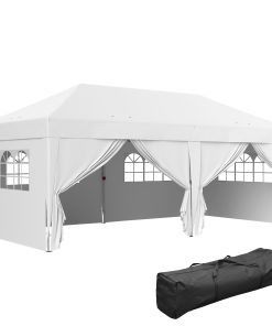 Outsunny Carpa Plegable Gazebo 6×3 m Cenador Plegable con 6 Paredes Laterales Impermeable Anti-UV y Bolsa de Transporte Pabellón de Jardín para Camping Fiestas Blanco
