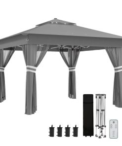 Outsunny Carpa Plegable 3×3 m Cenador de Jardín con 20 Luces LED Solares Doble Techo 4 Mosquiteras Altura Ajustable Mando a Distancia y Bolsa de Transporte para Jardín Patio Fiestas Gris