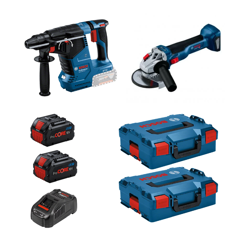 Kit Bosch Martillo GBH 18V-24 C + Amoladora GWS 18V-10 + 2 Baterías ProCORE18V 5.5Ah + 2 L-Boxx + Cargador Gal 1880CV
