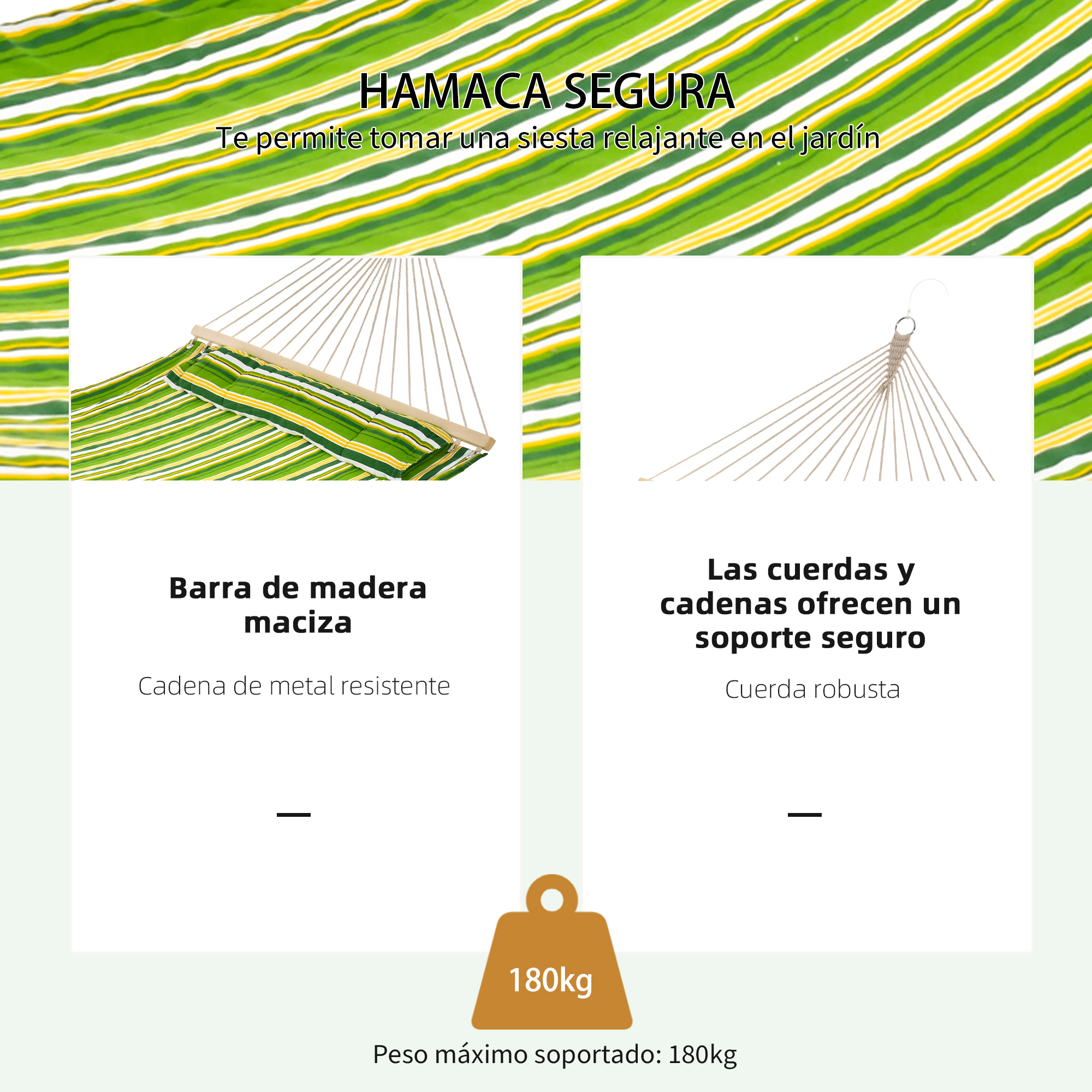 Outsunny Hamaca Colgante de Algodón para Jardín Camping Playa Picnic con Almohadilla 188x140cm con Carga de 180 kg - Imagen 4