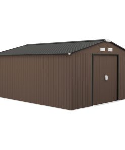 Outsunny Caseta de Jardín Exterior 12,4 m² 340x386x200 cm Cobertizo de Jardín Exterior con Puerta Corredera Techo Inclinado Base Refuerzo (Suelo NO Incluido) y 4 Ventanas Marrón