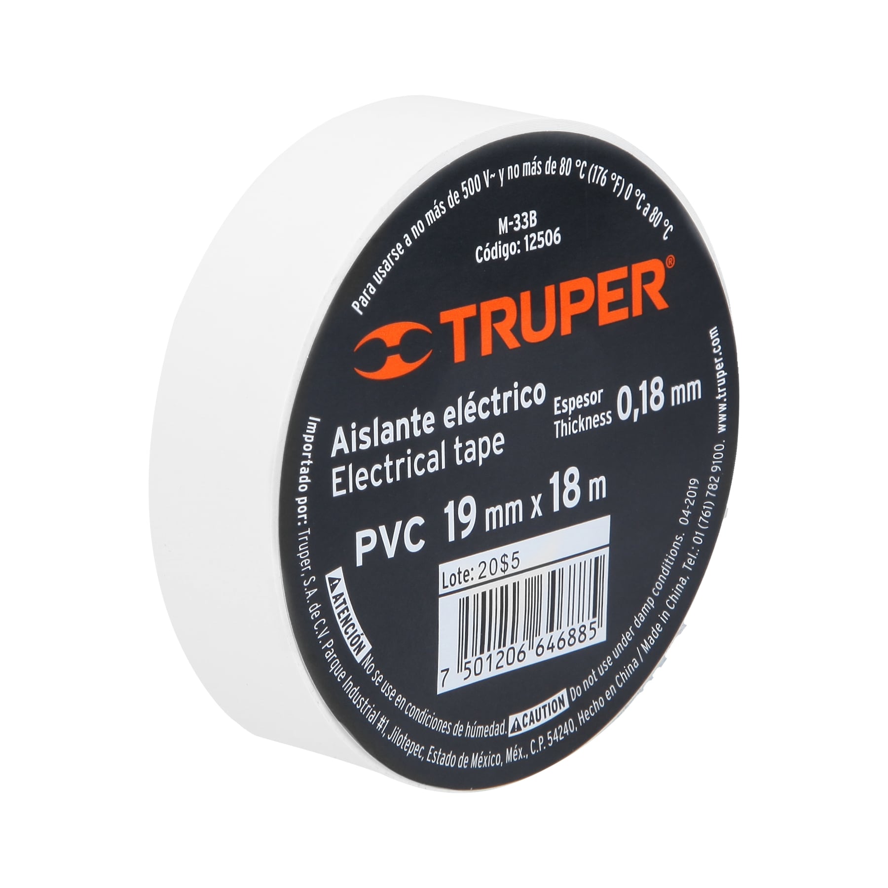 Cinta de aislar de 18 m x 19 mm, blanca, Truper M-33B 12506 - Imagen 2