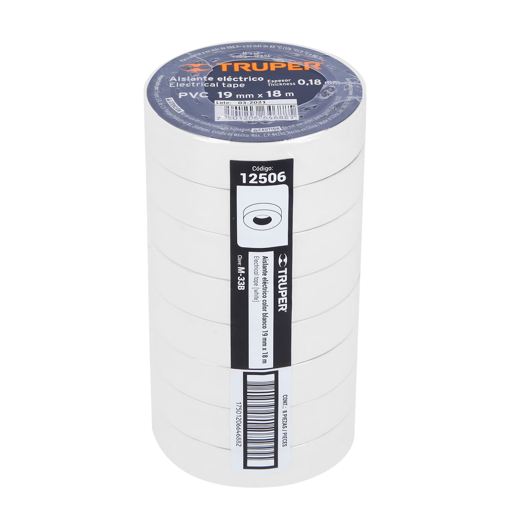 Cinta de aislar de 18 m x 19 mm, blanca, Truper M-33B 12506 - Imagen 3