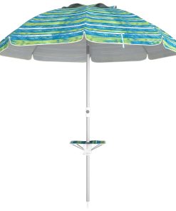 Outsunny Sombrilla de Playa Ø190×215 cm Parasol para Terraza con Reclinación 45° Altura Ajustable Mesa con Portavasos Anti-UV Impermeable y Bolsa de Transporte para Jardín Piscina Multicolor