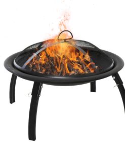 Outsunny Brasero Exterior Ø55 cm Chimenea Hoguera Portátil para Calefacción Barbacoa Terraza Patio Camping Jardín con Cubierta de Malla Atizador de Fuego Negro