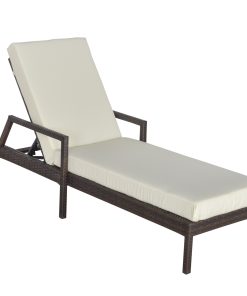Outsunny Tumbona de Ratán de Jardín con Cojines Acolchados Respaldo Ajustable en 5 Posiciones 2 Ruedas y Tela Extraíble Lavable Carga 160 kg 67x196x96 cm Crema