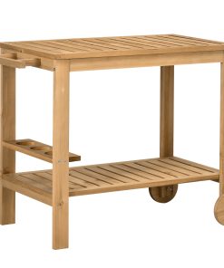 Outsunny Carrito de Madera de Bar Carro de Servicio de 2 Niveles con Asa Lateral 3 Portabotellas y 2 Ruedas para Jardín Patio Terraza 95x47x74 cm Natural