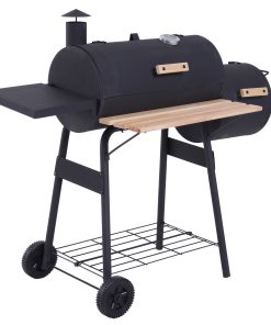 Outsunny Barbacoa de Carbón 3 en 1 Ahumador Parilla de Carbón Barbacoa de BBQ 124x53x104 cm con Termómetro y Ruedas Estantes de Madera Picnic Acampada al Aire Libre