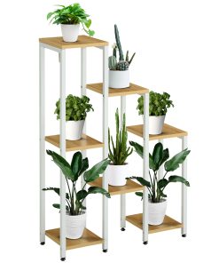 Outsunny Soporte para Plantas Estantería para Flores Soporte para Exhibición de Macetas con 7 Estantes y Marco de Acero para Interiores Exteriores 65x23x94,5 cm Natural y Blanco