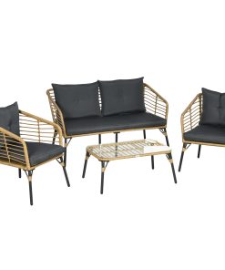 Outsunny Conjunto de Muebles de Ratán para 4 Personas Muebles de Jardín 4 Piezas con Sofá de 2 Plazos 2 Sillones Mesa de Centro y 4 Cojines para Terraza Patio Arena