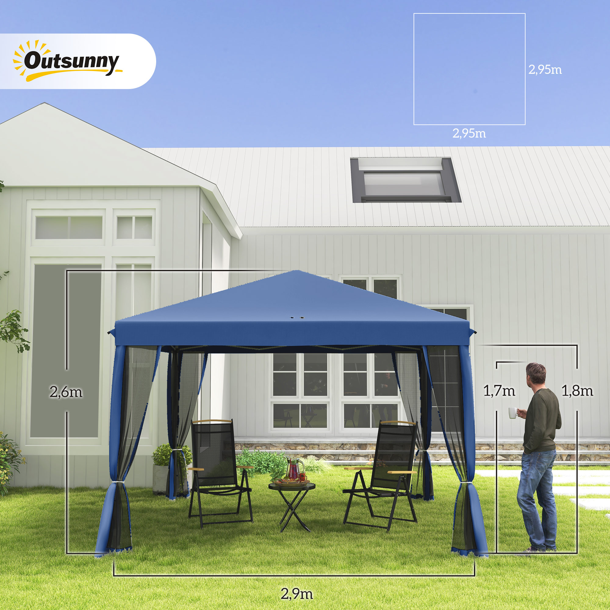 Outsunny Carpa Plegable 3×3 m Cenador de Jardín con 4 Paredes Laterales de Malla 8 Orificios de Drenaje Impermeable y Bolsa de Transporte Gazebo para Exterior Jardín Patio Fiestas Azul - Imagen 3