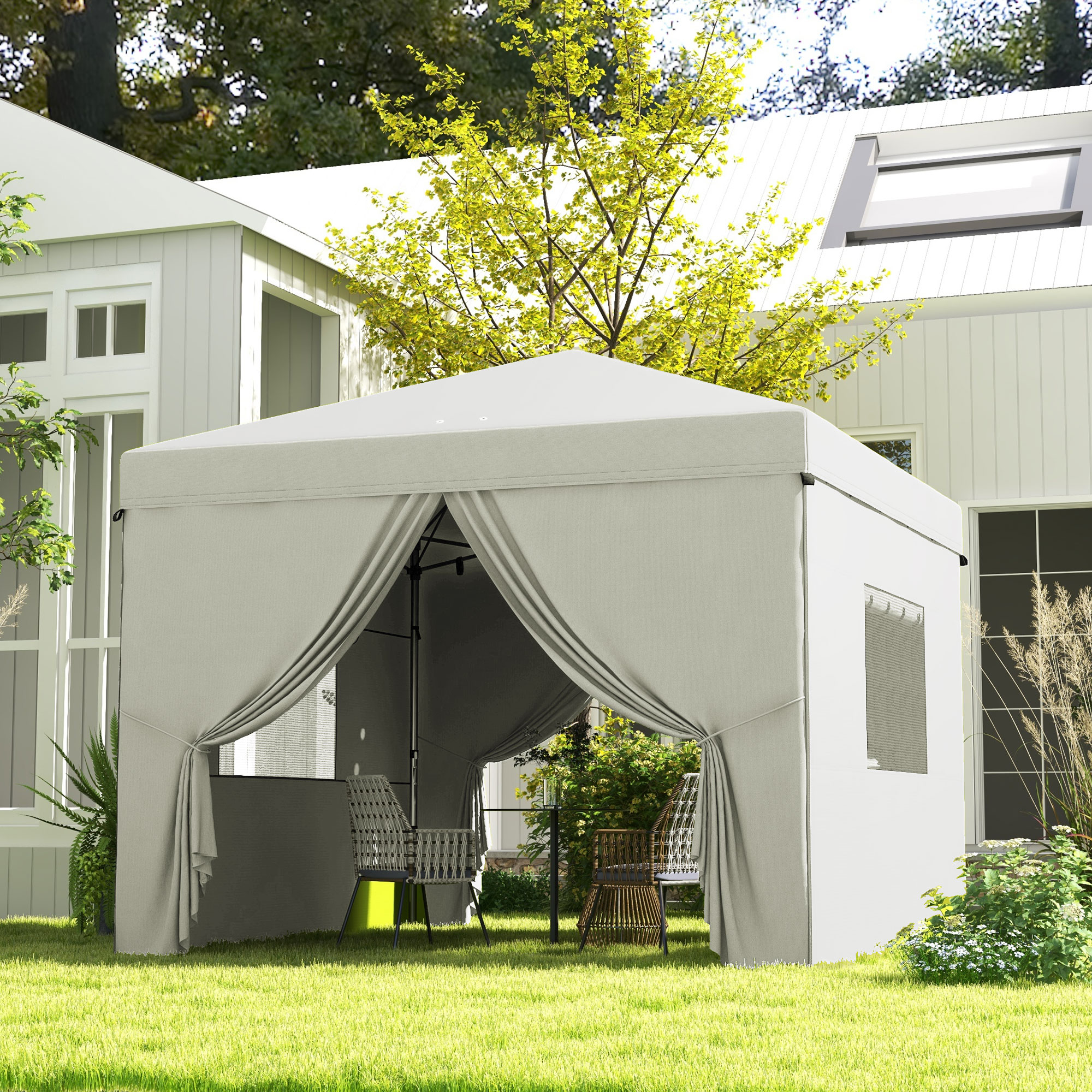 Outsunny Carpa Plegable Pop-Up 3×3 m Cenador de Jardín con 4 Paredes Laterales 2 Ventanas de Malla Altura Ajustable Bolsa de Transporte Impermeable y Anti-UV para Camping Fiestas Blanco - Imagen 2