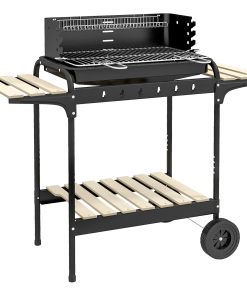 Outsunny Barbacoa de Carbón con Ruedas Barbacoa Portátil 103x47x95 cm con Parrilla Ajustable en Altura de 5 Niveles Estantes y 6 Ganchos para Pícnic Camping Negro