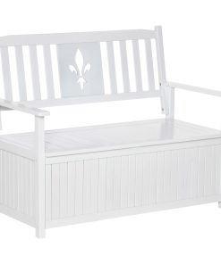 Outsunny Banco de Madera Maciza Exterior de 2 Plazas con Espacio de Almacenamiento y Tela Oxford Banco Arcón de Jardín Terraza con Reposabrazos Carga 250 kg 125×68,5×97 cm Blanco
