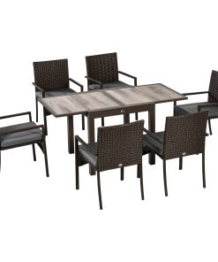 Outsunny Conjunto de Muebles de Ratán Sintético de Jardín 7 Piezas Marco de Aluminio Juego de Comedor con Mesa Extensible 6 Sillas de Asientos Acolchadas para Terraza Patio Balcón Marrón