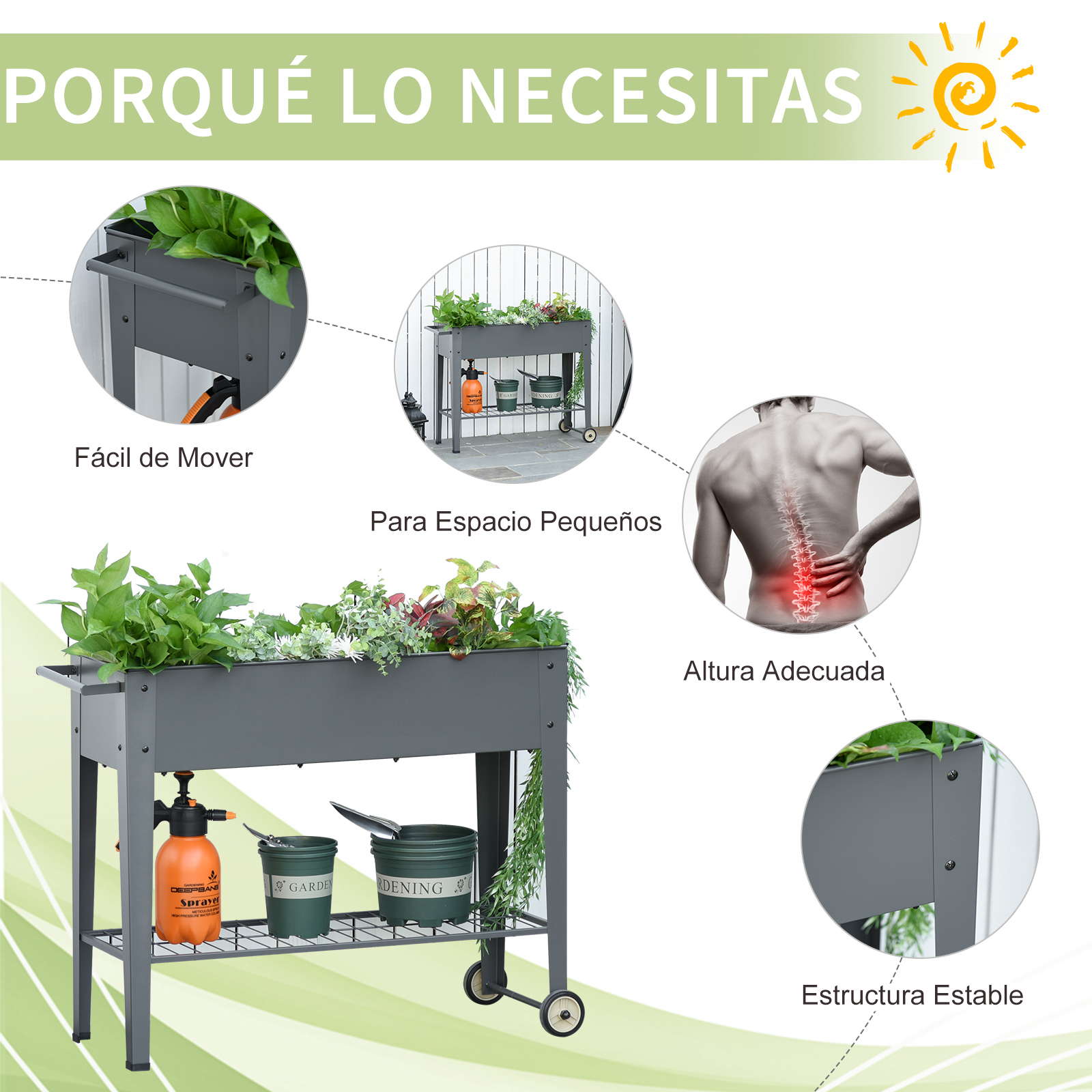 Outsunny Huerto Urbano Jardinera Elevada de Metal Cama de Jardín con Ruedas Asa Lateral y Estante Inferior para Cultivo Plantas Hortalizas Flores 104x39x80 cm Gris - Imagen 4