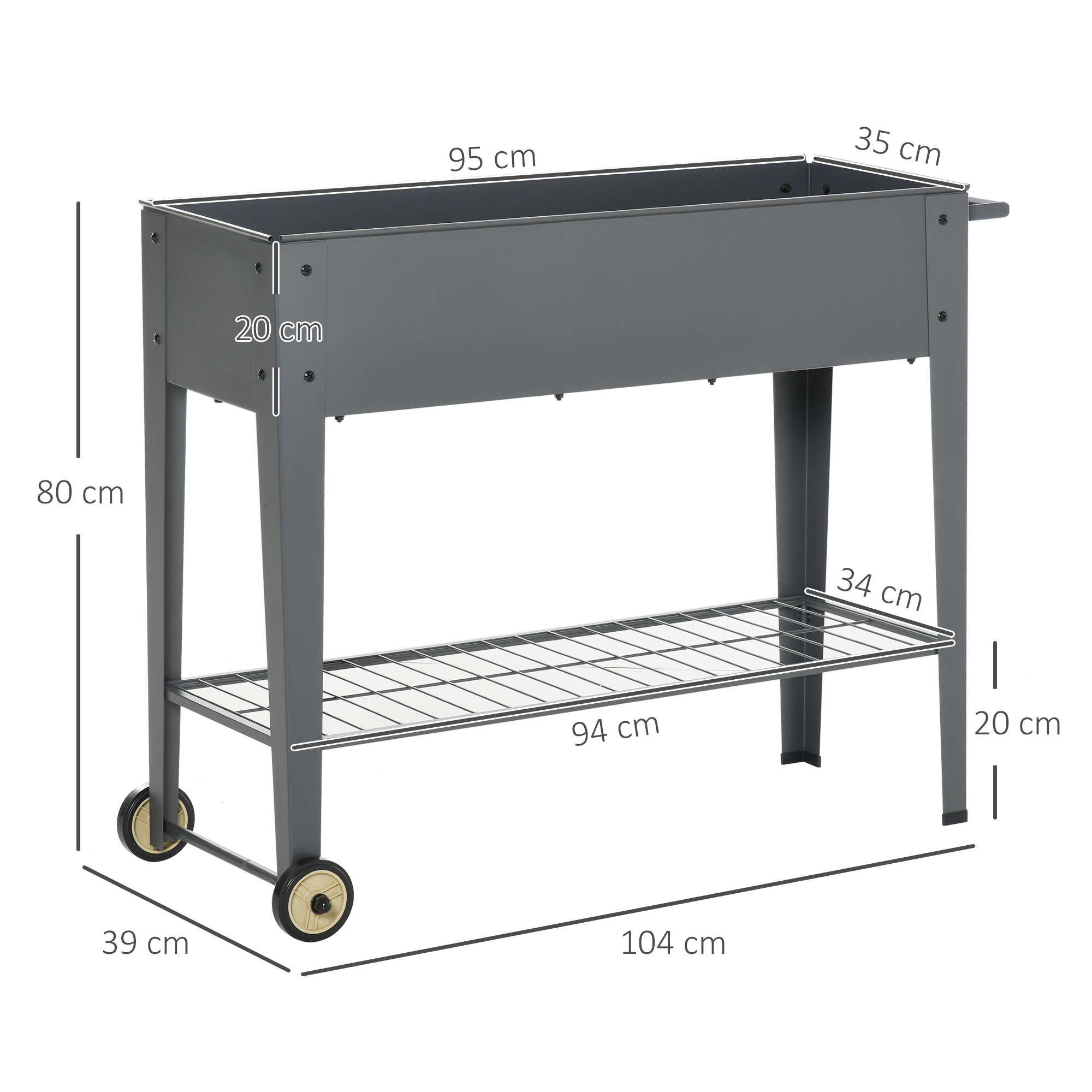 Outsunny Huerto Urbano Jardinera Elevada de Metal Cama de Jardín con Ruedas Asa Lateral y Estante Inferior para Cultivo Plantas Hortalizas Flores 104x39x80 cm Gris - Imagen 3