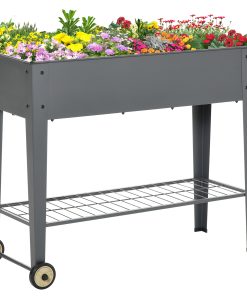 Outsunny Huerto Urbano Jardinera Elevada de Metal Cama de Jardín con Ruedas Asa Lateral y Estante Inferior para Cultivo Plantas Hortalizas Flores 104x39x80 cm Gris